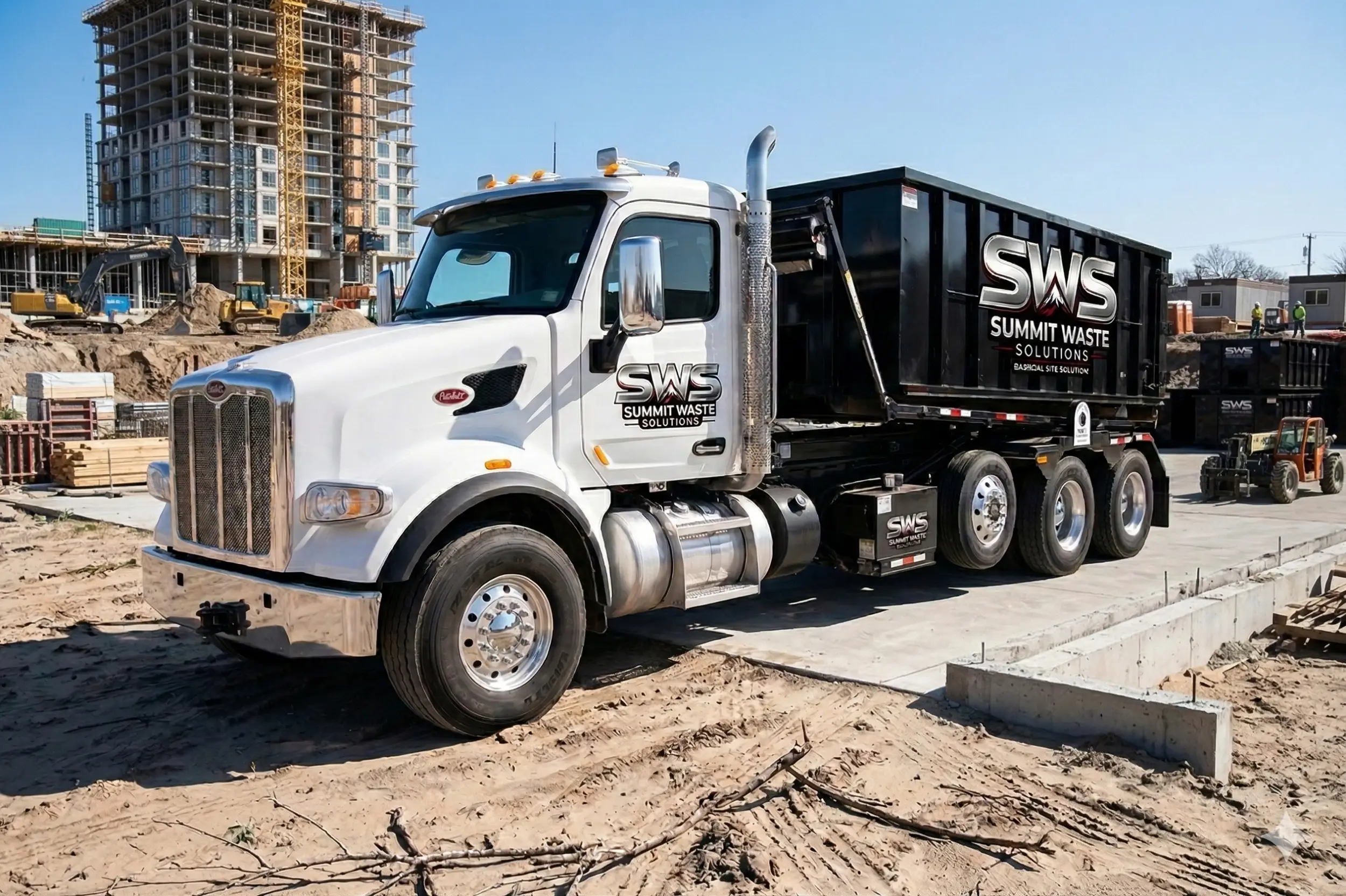 Summit Waste Solutions roll-off truck hauling a black dumpster at a construction site
