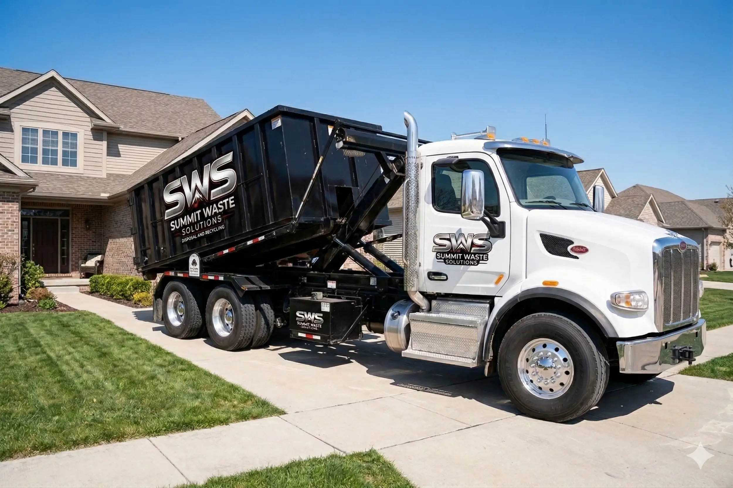 Summit Waste Solutions roll-off truck setting a black dumpster in a home driveway