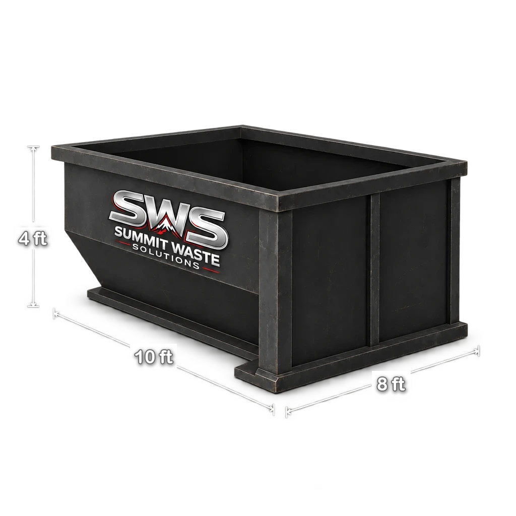 10 yard roll-off dumpster dimensions: 10 feet long, 8 feet wide and 4 feet tall