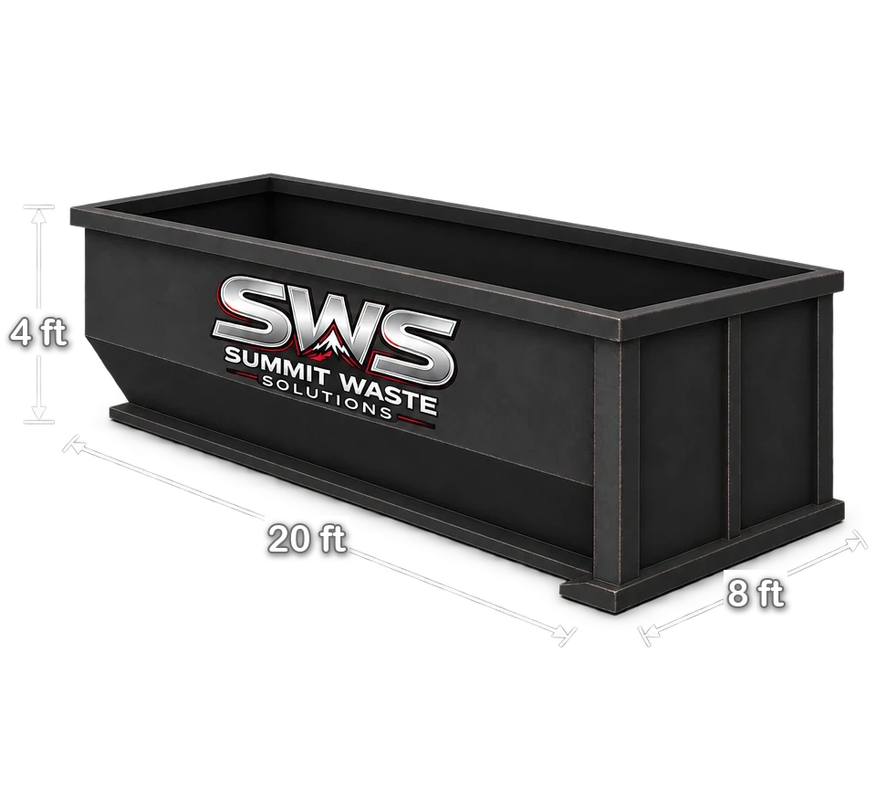 20 yard roll-off dumpster dimensions: 20 feet long, 8 feet wide and 4 feet tall