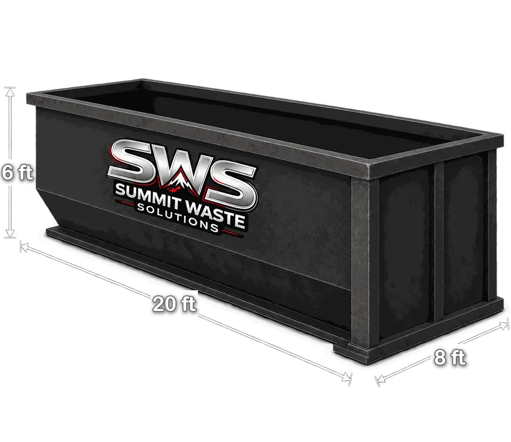 30 yard roll-off dumpster dimensions: 20 feet long, 8 feet wide and 6 feet tall